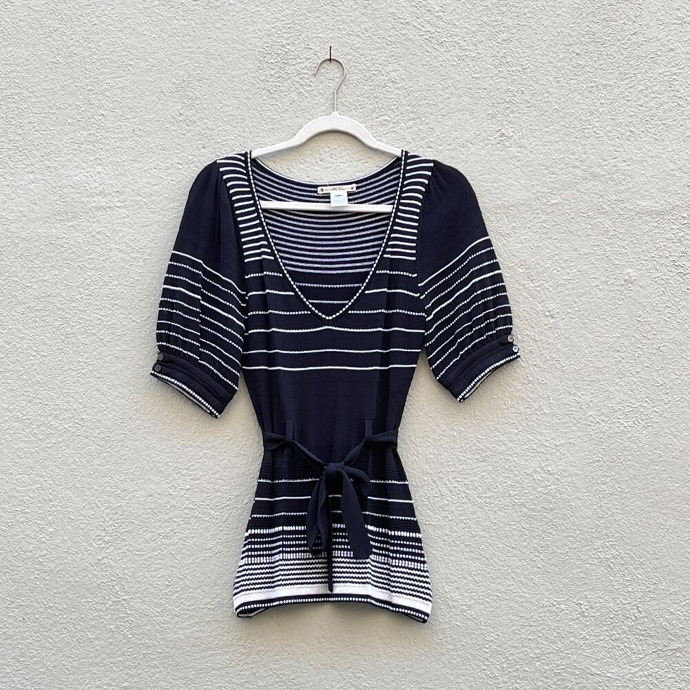 Women's Nanette Lepore Blue & White Striped Knit Short Sleeve Sweater Top Small
